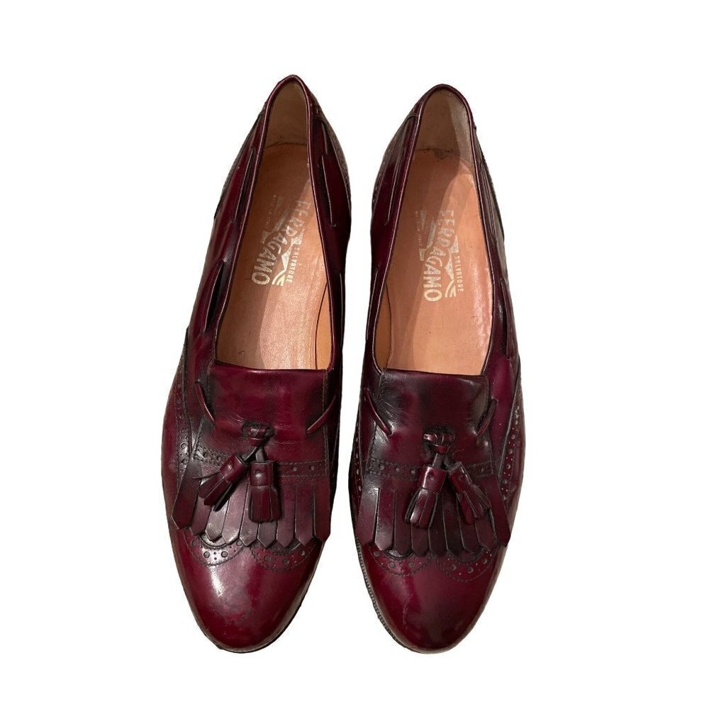 SALVATORE Ferragamo Men's Leather Wingtip Tassel Loafer Burgundy Size 10.5 B